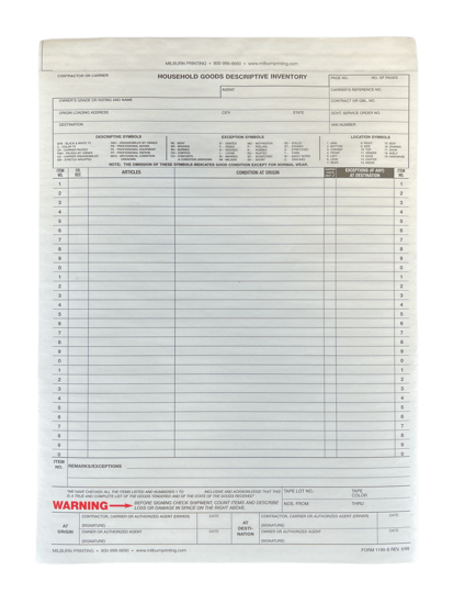 Picture of Household Goods Inventory Sheets - 100 Pack